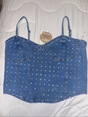 Denim Rhinestone Bustier Camisole - Blue